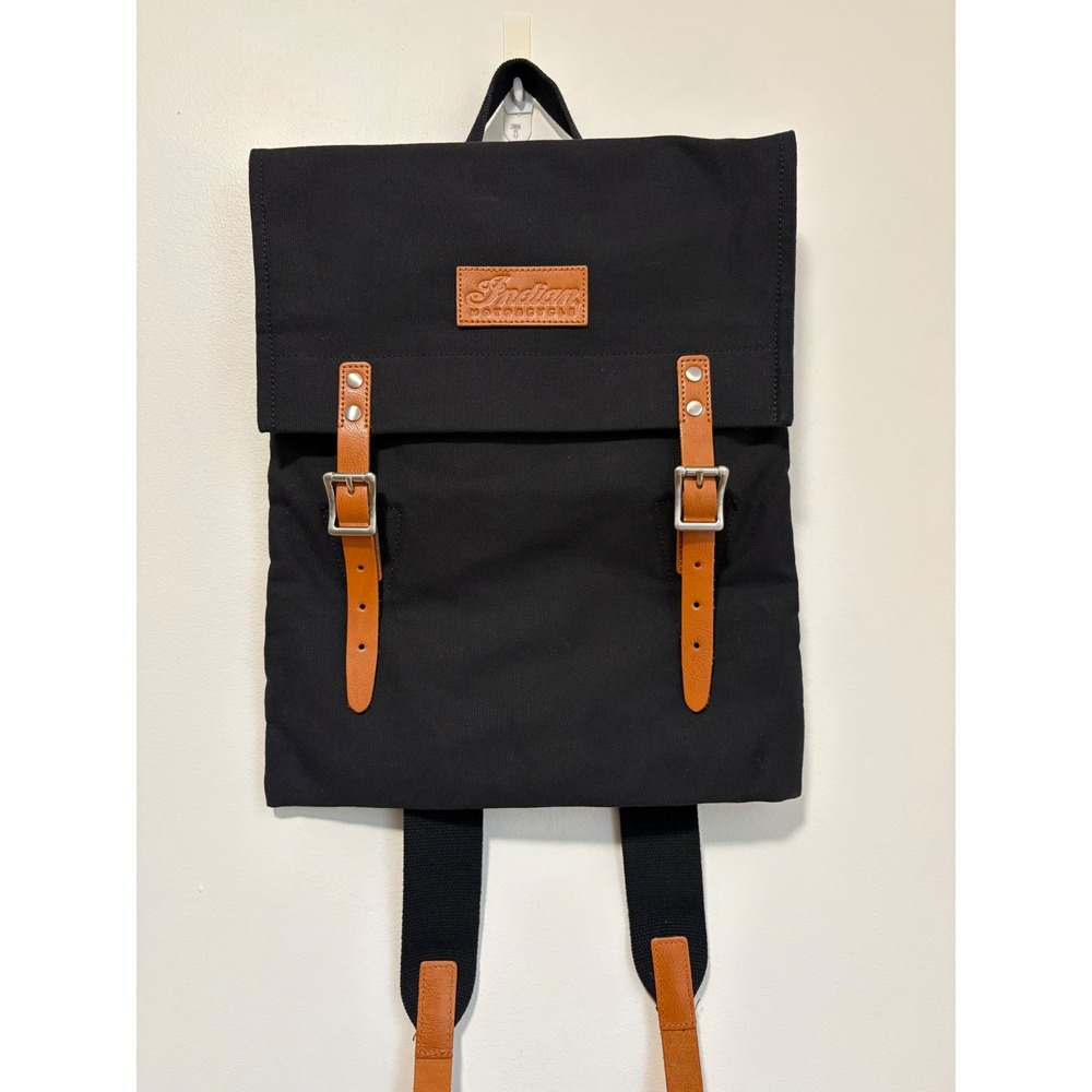 Indian Motorcycle Black Canvas Rucksack Backpack Tan Leather Straps Buckle Flap